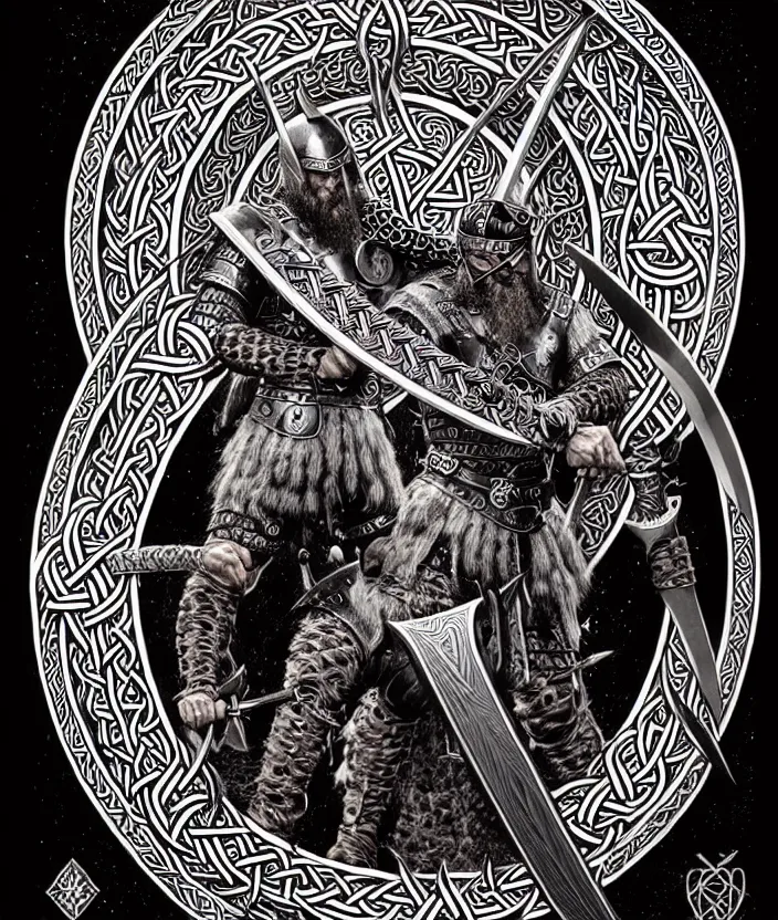 Prompt: knotwork with center viking warrior, extremely detailed, bold line art, by vincent di fate and joe fenton and artgerm, holding shield and sword, centered, inking, etching, screen print, inkblots of color, masterpiece, trending on artstation, sharp, high contrast, hyper realistic, hd, 4 k, 8 k