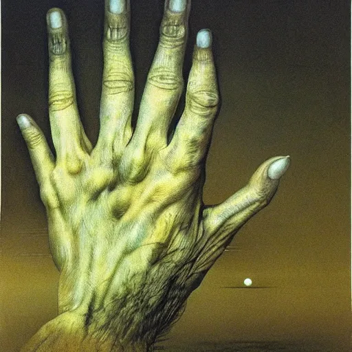 Prompt: hand coming out of space, zdzislaw beksinski