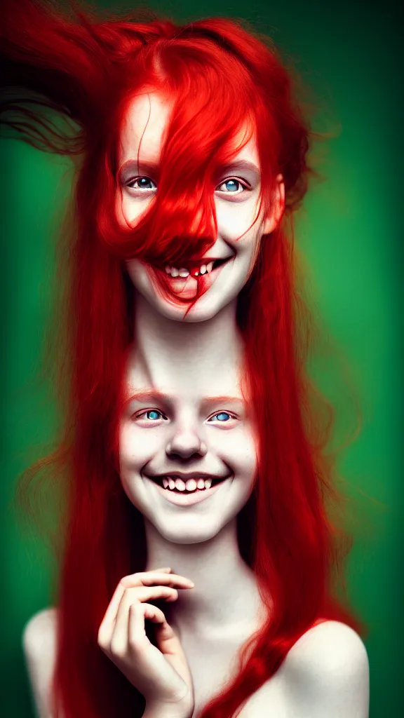 Image similar to a fantastic portrait photograph of a smiling girl with red hair and green eyes by Alessio Albi, symmetrical face, artstation, deviantart, hyperrealism