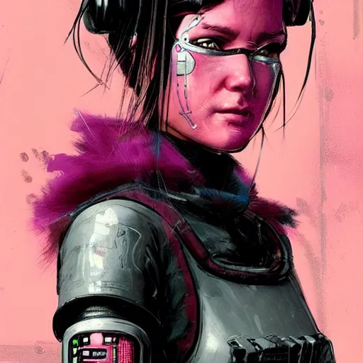 Prompt: cyberpunk mechanic lady in a jumpsuit with robotic feet. pink and black color scheme. concept art by james gurney and mœbius. apex legends character art. gorgeous face.