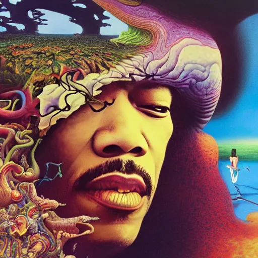 Prompt: ultrawide angle colour masterpiece surreal closeup portrait photography of jimi hendrix playing on stage by miho hirano and annie leibovitz and michael cheval, weird surreal epic psychedelic complex biomorphic 3 d fractal landscape in background by kilian eng and roger dean and salvador dali and beksinski, 8 k