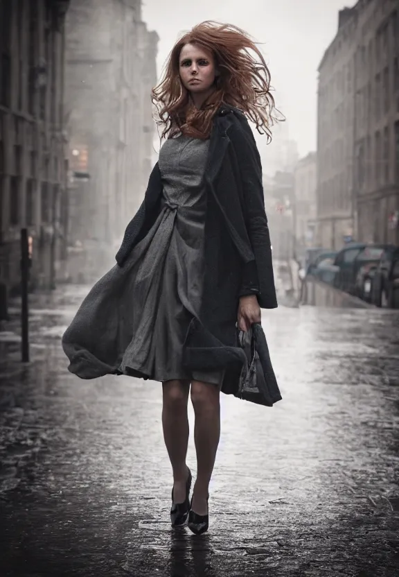 Image similar to cute model hermione granger in open toe heels posing in dunwall city, beautiful face, detailed face, realistic eyes, cinematic lighting, rainy weather, melancholy atmosphere, volumetric light, gothic architecture, realistic reflections, model agency, instagram photo, depression atmosphere, shot on sony a 7 iii, beauty filter, postprocessing