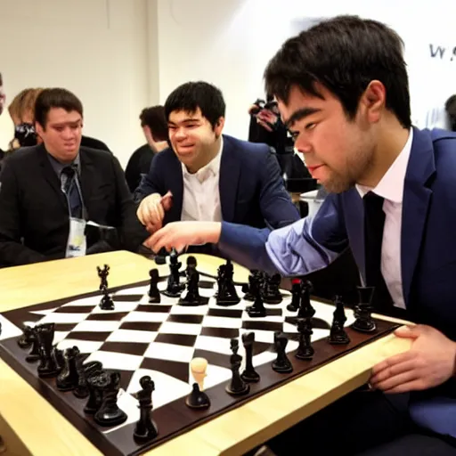 Image similar to Magnus Carlsen punching Hikaru Nakamura during a chess match