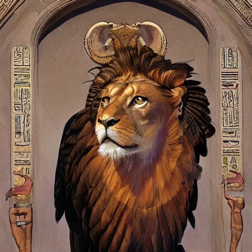 Prompt: a realistic oil painting of a winged lion's body with an eagle!! head, in an ancient egyptian temple, at purple sunset, highly detailed, trending on artstation, by james gurney and michael whelan and krenz cushart and alphonse mucha