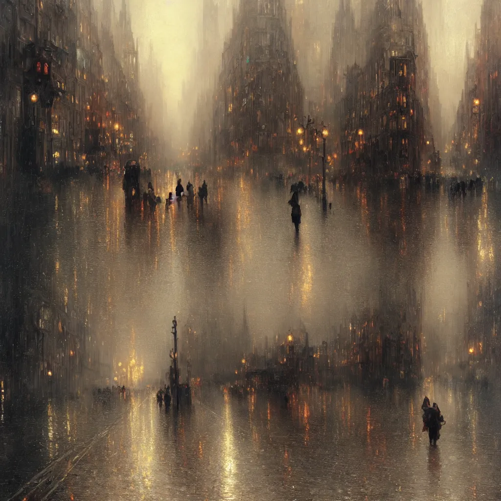 Image similar to a beautifull intricate city, wet sidewalk, people, reflections, raindrops, high details, art by william turner, by greg rutkowski and by alphonse mucha, trending on artstation, extremely detailed, masterpiece