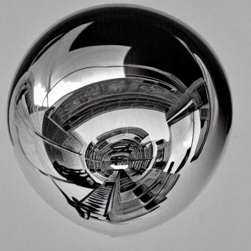 Image similar to self portrait of a havanese dog reflecting into a chrome sphere, pen on paper, by mc escher