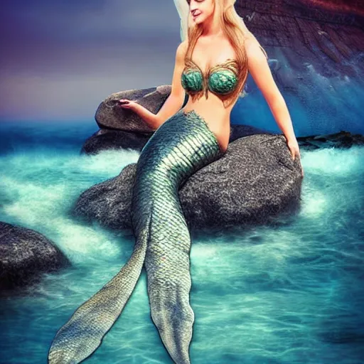 Image similar to fantasy mermaid on a rock with a wave behind her, beautiful, full body, realistic, face