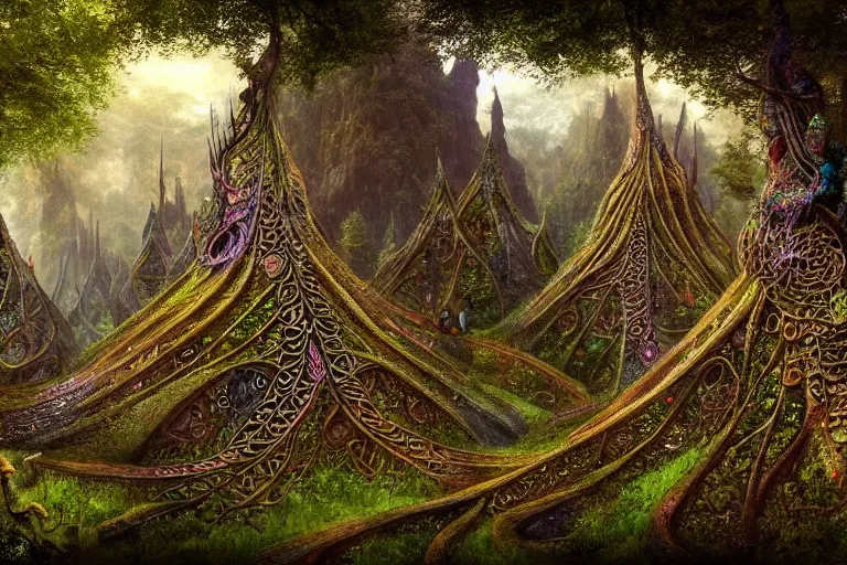 Prompt: a beautiful and highly detailed digital painting of an elven structure in psychedelic forest in a beautiful valley, psychedelic patterns, celtic designs, intricate details, epic scale, 8 k, sharp focus, photorealism, artstation, cgsociety, by caspar friedrich, albert bierstadt, james gurney, brian froud,