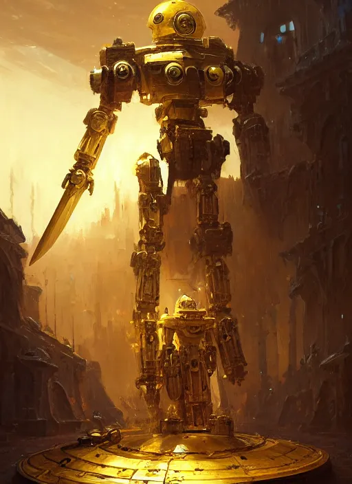 Image similar to human-sized strong intricate yellow pit droid holding large paladin medieval shield!!! and a long medieval engraved powerful great sword, pancake short large head painterly humanoid mecha, beautiful fantasy background by Greg Rutkowski