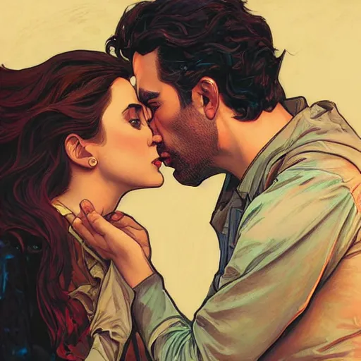 Image similar to young alison brie kissing bojack horseman, painted by artgerm and greg rutkowski and alphonse mucha. clear highly detailed face, beautiful sci fi art,