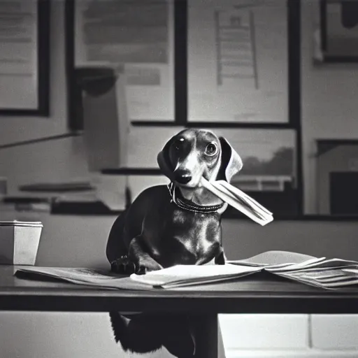 Image similar to dachshund in a dimly lit office, 1960s, Kodachrome