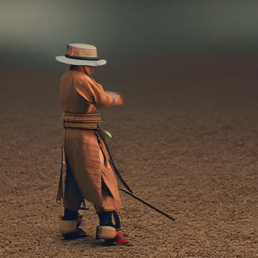 Image similar to cinematic film still Pharrell Williams starring as a Samurai holding fire, Japanese CGI, VFX, 2003, 40mm lens, shallow depth of field,film photography