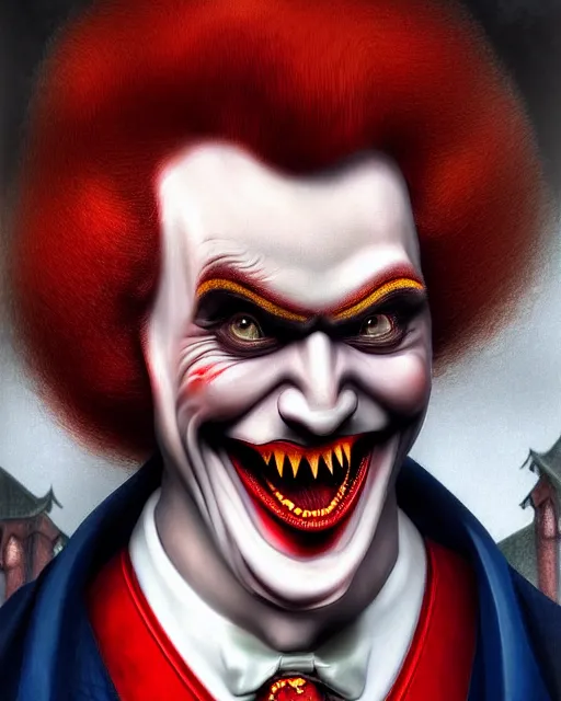 Image similar to dracula ronald mcdonald, character portrait, close up, concept art, intricate details, highly detailed, photorealism, hyperrealism in the style of otto dix and h. r giger