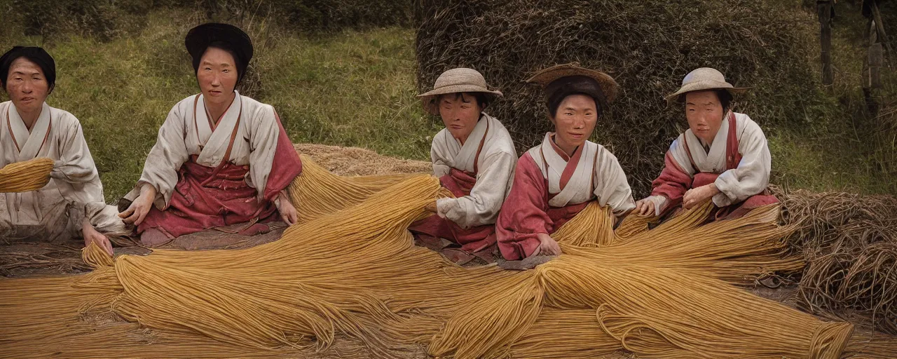 Image similar to harvesting spaghetti in rural 1 8 0 0 s japanese countryside, ultra - realistic faces, fine detail, canon 5 0 mm, in the style of ansel adams, wes anderson, kodachrome