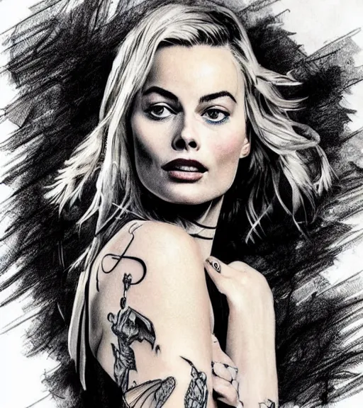 Image similar to mash up tattoo sketch of margot robbie with beautiful mountain scenery, in the style of arlo dicristina, hyper realism, amazing detail, sharp