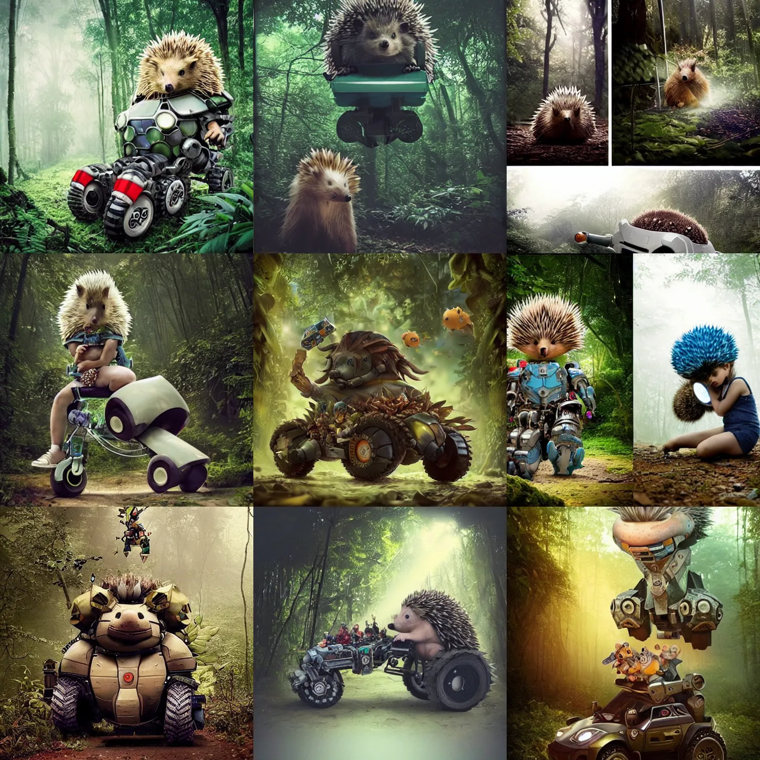 Prompt: asthetic! epic pose!!! giant oversized battle hedgehog robot chubby mech baby sport wheelchair! double decker with giant oversized hair and hedgehog babies ,in deep jungle forest , full body , Cinematic focus, Polaroid photo, vintage , neutral dull colors, soft lights, foggy mist , by oleg oprisco , by thomas peschak, by discovery channel, by victor enrich , by gregory crewdson