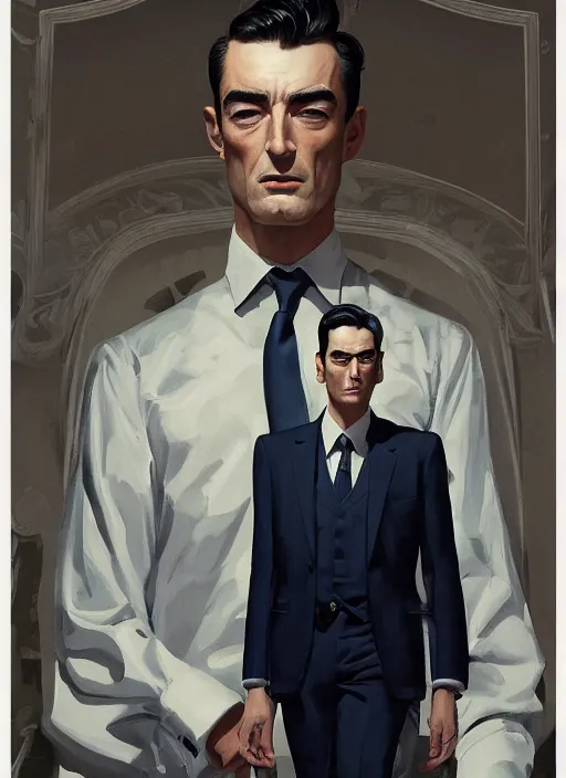 Image similar to full - length portrait of young gregory peck, dressed in a navy blue suit with silver embroidered details, detailed face, fantasy, cinematic lighting, digital art painting, fine details by realistic shaded lighting poster by ilya kuvshinov katsuhiro otomo, magali villeneuve, artgerm, jeremy lipkin and michael garmash and rob rey