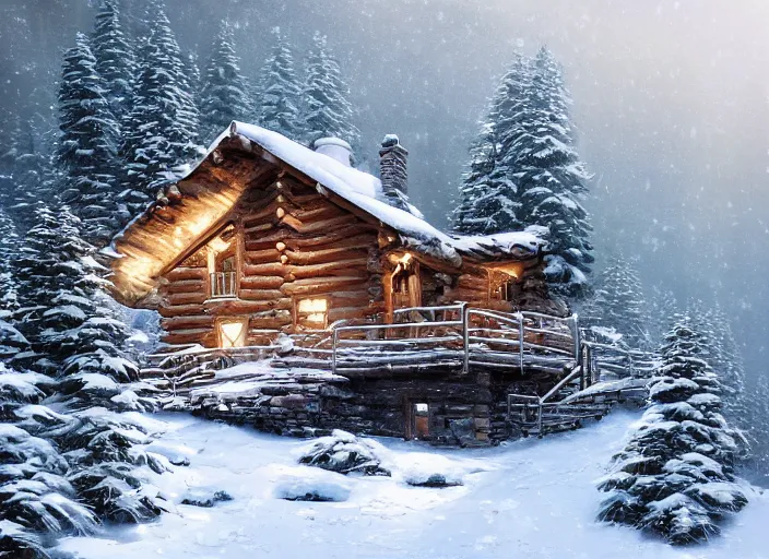 Image similar to a cabin on a mountain overlooking a snowy landscape. Atmospheric lighting, romantic, cold lighting, snowy. By Makoto Shinkai, Stanley Artgerm Lau, WLOP, Rossdraws, James Jean, Andrei Riabovitchev, Marc Simonetti, krenz cushart, Sakimichan, D&D trending on ArtStation, digital art.