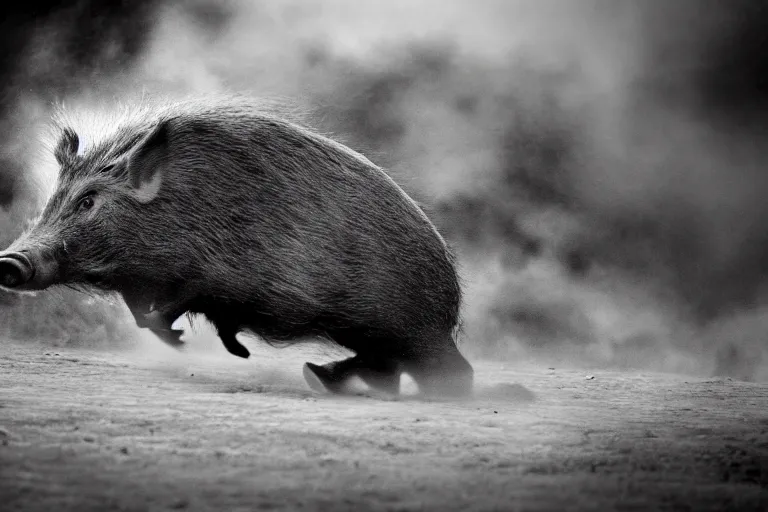 Image similar to a wild hog charging at us from the hill, cinematic imax shot, monochromatic retro, hyper detailed, windy, motion still