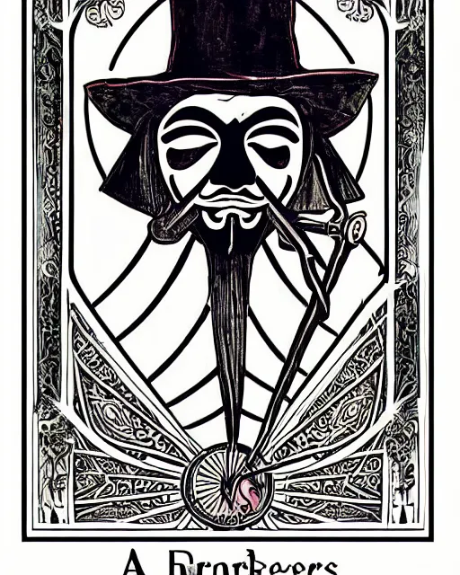 Image similar to anonymous guy fawkes mask tarot card, art nouveau style, ornate borders, intricate details, trending on artstation