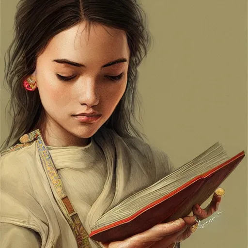 Image similar to village girl reading a book, cinematic, intricate, elegant, highly detailed, digital painting, artstation, concept art, smooth, sharp, focus, illustration, art by artgerm and Johfra Bosschart