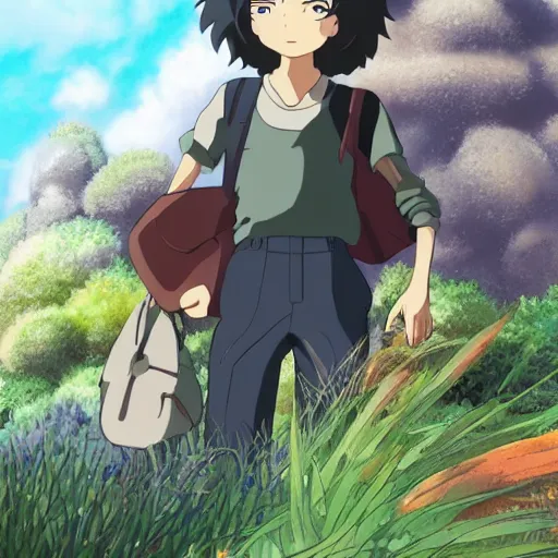 Prompt: friendly guy and small creature , with character portrait face, detailed face, made by Studio Ghibli highly detailed art, beautiful scene, sharp focus, smooth, 8k, anime art