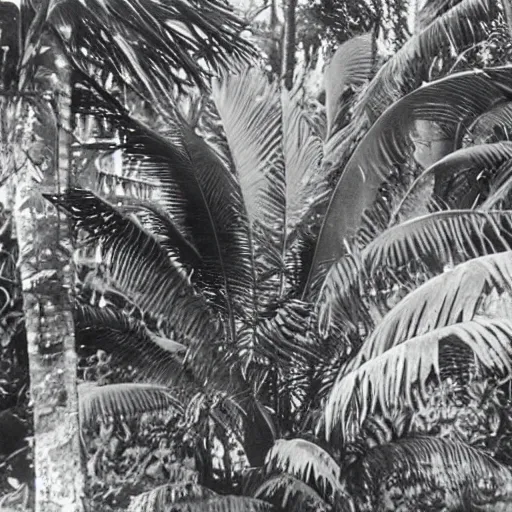 Image similar to a rizom lost film footage of a 3 d shape in the middle of the tropical jungle / shape / shape / tropicalism / tropicalism / film still / cinematic / enhanced / 1 9 2 0 s / black and white / grain