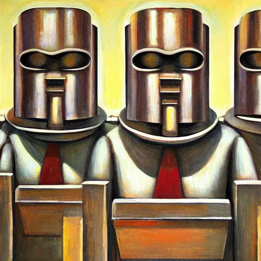 Image similar to three brutalist giant sacred robots visage, portrait, judge, guards, cathedral, dystopian, pj crook, edward hopper, oil on canvas