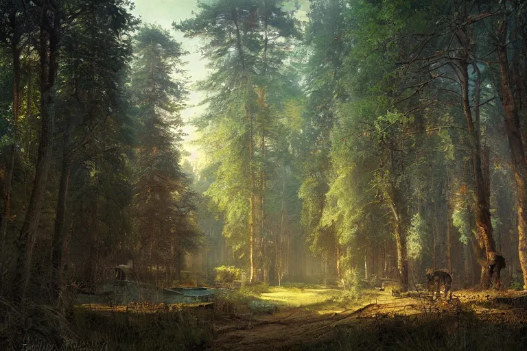 Prompt: A beautiful painting of russian village in dark forest by ivan shishkin and marc simonetti, trending on artstation,matte painting
