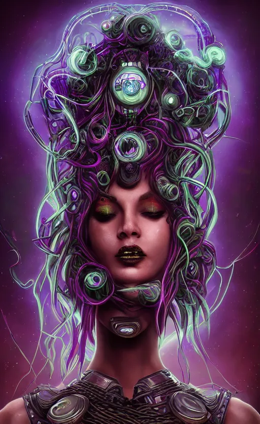 Prompt: An epic fantasy comic book style portrait painting of a very beautiful nebulapunk Medusa with symmetrical facial features and lots of cyberpunk and cybernetic bio-luminiscent snakes as hair, awesome pose, centered, full body, vibrant dark mood, unreal 5, hyperrealistic, octane render, cosplay, RPG portrait, Sci-fi, arthouse, dynamic lighting, intricate detail, cinematic, HDR digital painting, 8k resolution, enchanting, otherworldly, sense of awe, award winning picture, Hyperdetailed, blurred background, airbrush, backlight, 3d rim light, Gsociety, trending on ArtstationHQ, maximalist, dreamscape, Rococo, surreal dark art, iridiscent accents, Bokeh, cosmic horror, lovecraftian inspiration