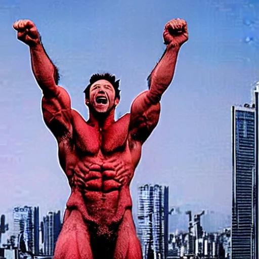 Prompt: giant hugh jackman rampaging through tokyo like godzilla, towering above the skyline