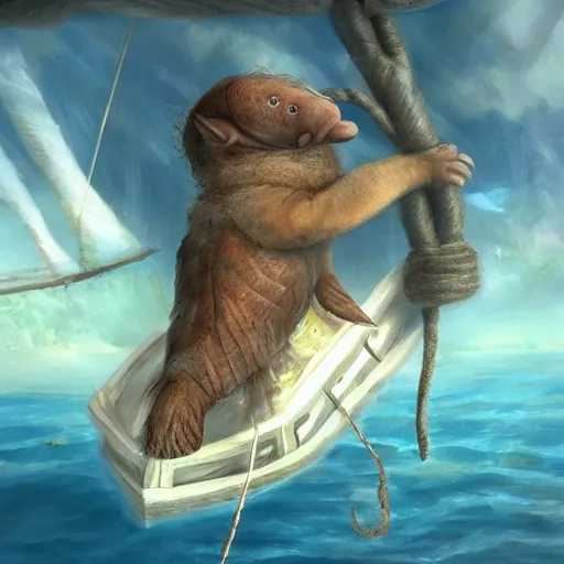 Prompt: incredibly fantastically stupendously exagerratedly fluffy incredibly tiny winged pygmy baby manatee platypus hybrid being cradled by a pirate captain the deck of his ship, realistic, fantasy, pet, adorable, national geographic