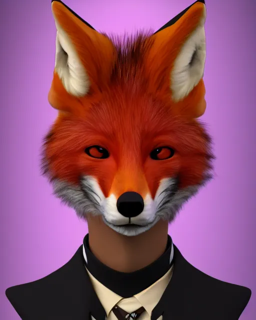 Image similar to anthropomorphic vulpes vulpes fulva wearing suit, male with side labret piercing and fox tail, 4 k