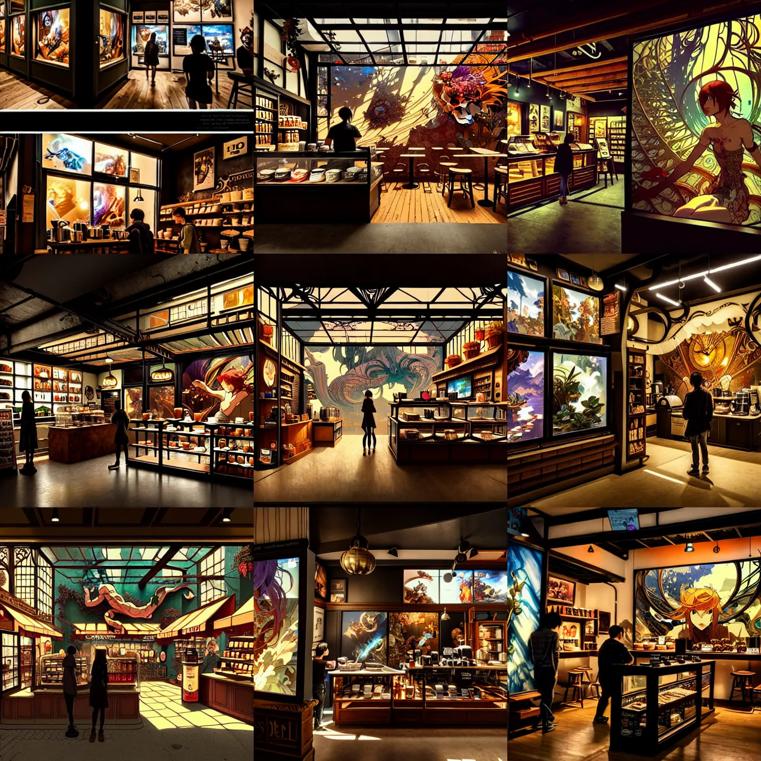 Prompt: inside a coffee shop store in showcasing the shop display, extreme plus resolution fantasy concept art, intricate details to everything visible, sharp lighting, Dramatic light by denis villeneuve, strong emphasis on alphonse mucha, Makoto Shinkai, Katsuhiro Otomo