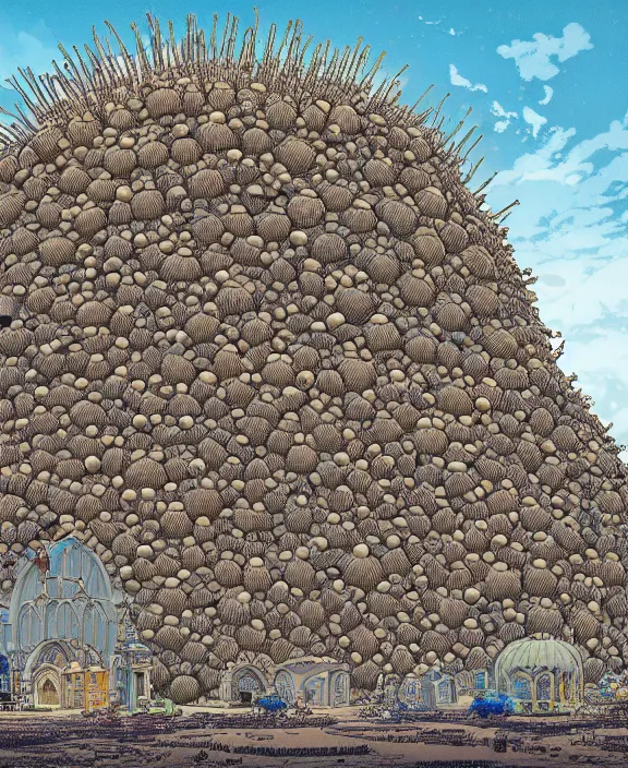 Image similar to inflated cathedral made from obese urchin mollusks, in the style of a puffy spaceship, skeletons, bones, partly cloudy, spooky, dramatic lighting, by geof darrow, bill sienkiewicz, dan mumford, yusuke murata, makoto shinkai, ross tran, cinematic, unreal engine, cel shaded, featured on artstation, pixiv