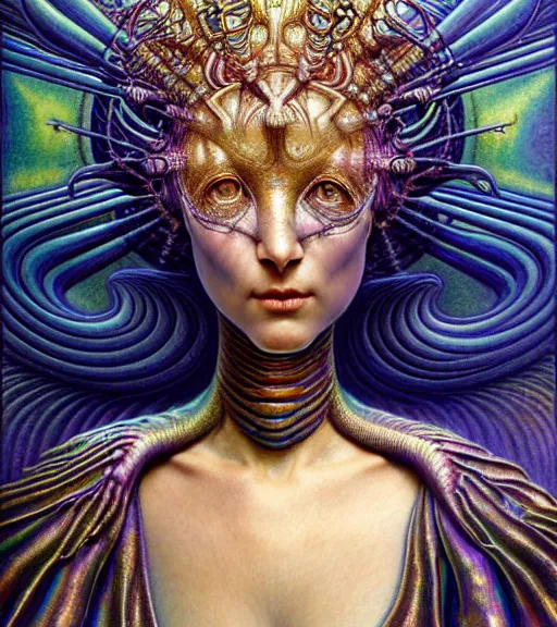 Image similar to detailed realistic iridescent beautiful young cher alien robot as queen of mandelbulb portrait by jean delville, gustave dore and marco mazzoni, art nouveau, symbolist, visionary, baroque. horizontal symmetry by zdzisław beksinski, iris van herpen, raymond swanland and alphonse mucha. highly detailed, hyper - real, beautiful