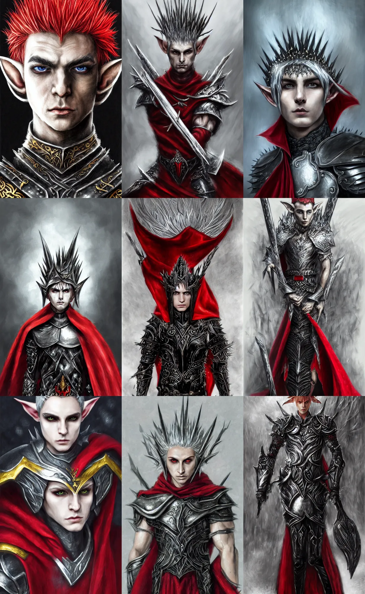 Prompt: A portrait of a male elf, 20 years old, short silver hair, red eyes, wearing a spiked black metal crown, wearing black heavy armor with gold trim, wearing a red cape, lean but muscular, attractive, command presence, royalty, weathered face, smooth, sharp focus, illustration, concept art, highly detailed portrait, muscle definition, fantasy painting, ArtStation, ArtStation HQ