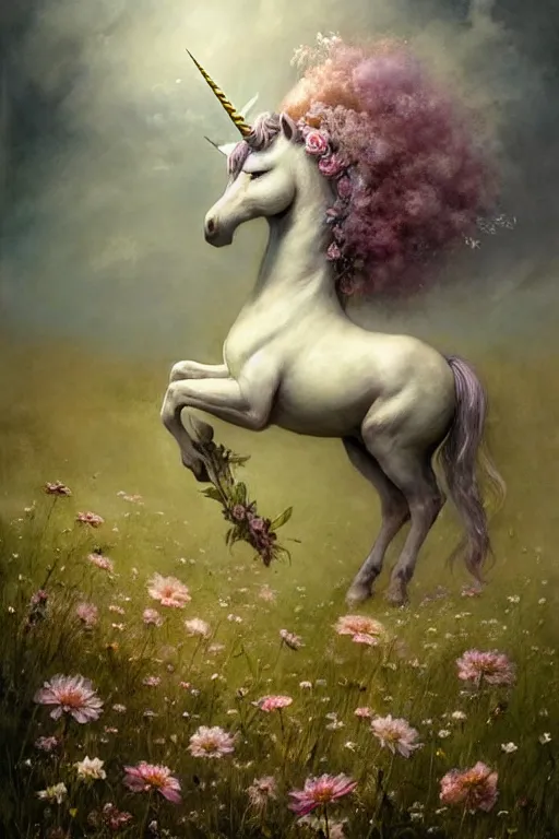 Image similar to a unicorn on the flowery meadow | esoteric symbolism | jean - baptiste monge, esao andrews, bastien lecouffe - deharme, tim jacobus, ken currie | ultra - detailed realism, soft cinematic lighting, hi - fructose, artstation, high - quality, ink watercolors wes anderson poster art