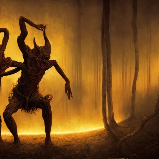 Image similar to two demons dance ballet in hell with ethernet cables wrapped around their arms, trees burning in the background,, beksinski, dariusz zawadzki, very coherent symmetrical artwork. cinematic, hyper realism, high detail, octane render, 8 k