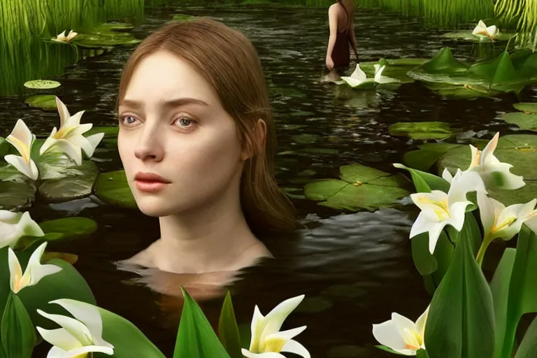 Image similar to hyperrealistic cinematic 3 d close up portrait of a woman's head and shoulders floating in a pond, detailed facial features, surrounded by a forrest of lillies, deep focus, intricate, elegant, by bill henson and gregory crewdson and james jean