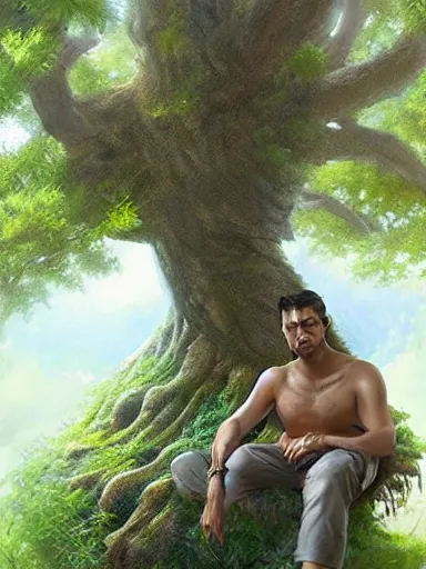 Image similar to a grumphy man, legs crossed, arms crossed. under a bodhi tree. intricate, elegant, highly detailed, digital painting, artstation, concept art, sharp focus, illustration, by justin gerard and artgerm, 8 k