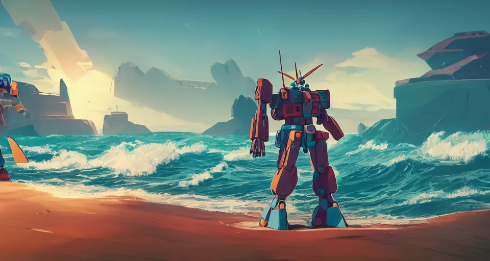 Image similar to A serene coast with a GIANT MECHA GUNDAM bright sunny waves splashing on the beach, rendered by simon stålenhag, rendered by Beeple, Makoto Shinkai, syd meade, environment concept, digital art, Gundam style, starwars, unreal engine, 3 point perspective, WLOP, trending on artstation, low level, 4K UHD image, octane render,