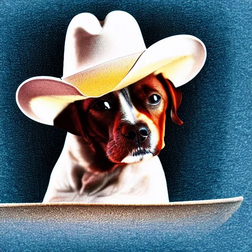 Image similar to a cute dog wearing a cowboy hat,pale colors, in style of deep dream