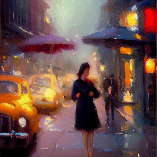 Image similar to aesthetic! stunning portrait of a woman in a serene san francisco streetscape at night by antoine blanchard, artstation, art - deco, cinematic lighting