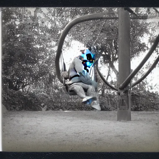 Prompt: polaroid photo of gorilla sitting on swing in playground, black and white,