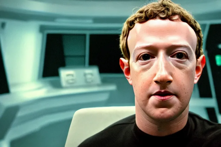Prompt: Mark Zuckerberg as Lt. Commander Data on Star Trek The Next Generation, deepfake, datazucc, 35mm portrait, hyperreal
