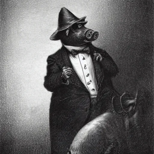 Image similar to a pig in a tuxedo, creepy atmosphere, dark, portrait, realistic portrait, beautiful, close up, very realistic, illustration by Gustave Doré