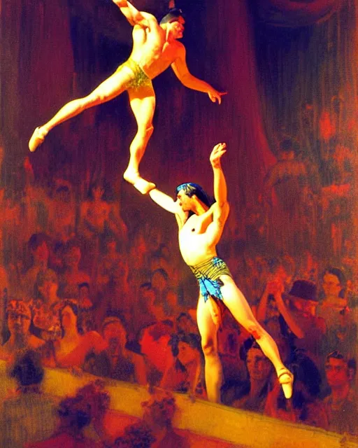 Image similar to attractive male acrobat performing trips from the highwire in the center ring of a three ring circus, the crowd looks on in excitement, spotlight on the acrobat, bright colors, painting by gaston bussiere, craig mullins, j. c. leyendecker