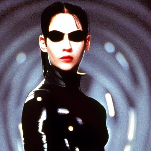Prompt: portrait of neo from the film the matrix 1 9 9 9 wearing a black cape and leather bodysuit whilst standing atop a skyscraper