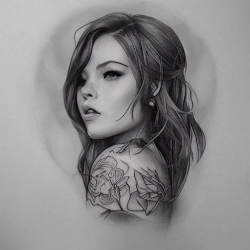 Image similar to tattoo design, beautiful portrait of a girl looking up and to the right by artgerm, artgerm